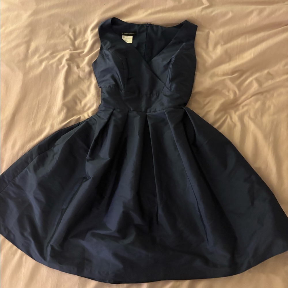 ALFRED SUNG Navy Pleated Fit and Flare Mini Dress
